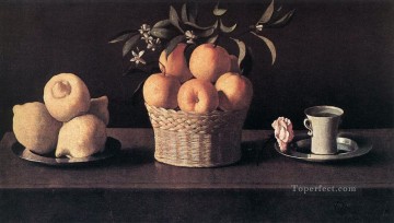 Still life with Lemons Oranges and Rose Baroque Francisco Zurbaron Oil Paintings